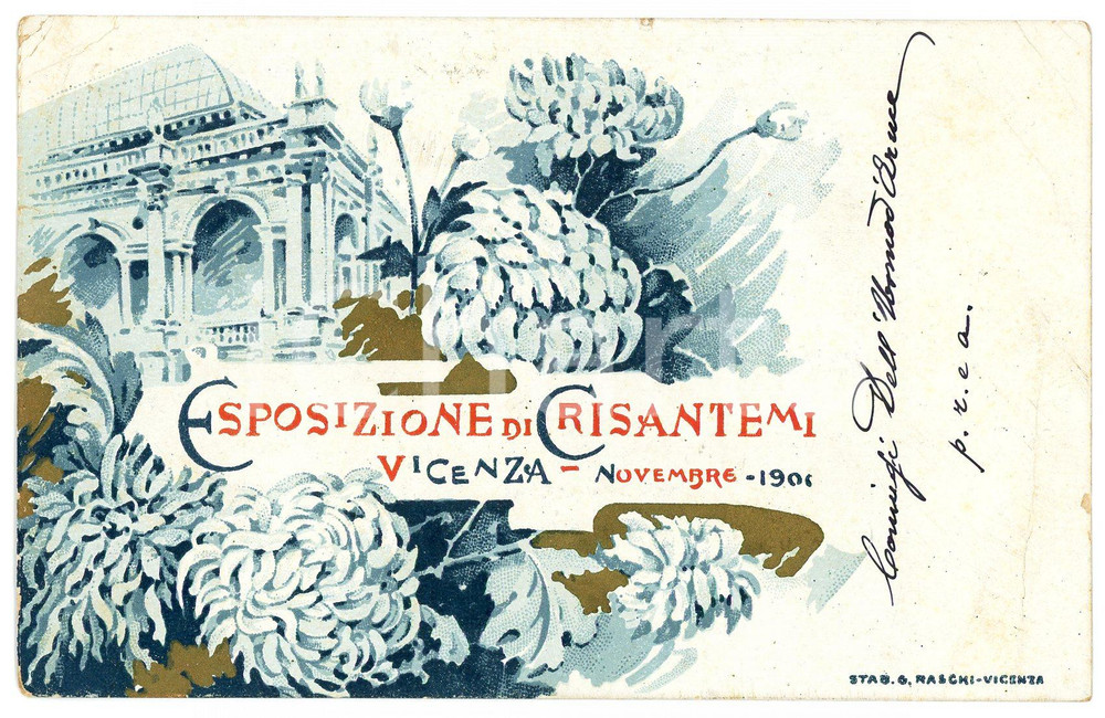 1906 ART NOUVEAU VICENZA Esposizione di crisantemi - RARA cartolina ILLUSTRATA Cartolina postale d'epoca, viaggiata.CONDIZIONI: FAIR (piegature angolari, minima sbrecciatura al lato superiore)FORMATO: FP    originale e autentica 1