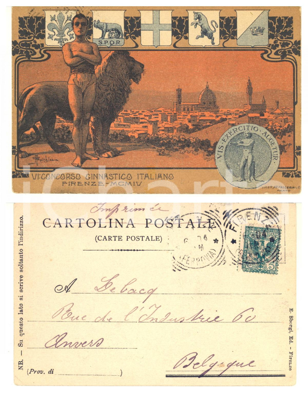 1904 FIRENZE VI Concorso Ginnastico Italiano - RARA cartolina ILLUSTRATA Cartolina postale d'epoca, illustrata, viaggiata.CONDIZIONI: GFORMATO: FP    originale e autentica 1