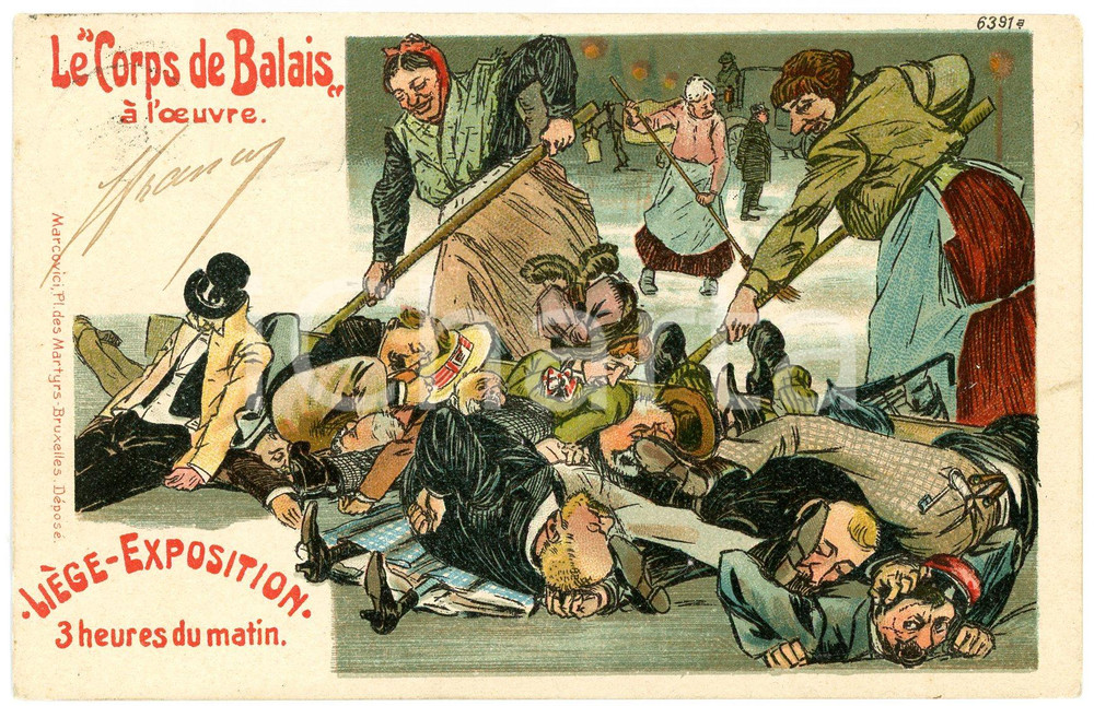 1905 EXPOSITION LIEGE Le "Corps de Balais" à l'oeuvre - Carte postale illustrée Cartolina postale d'epoca, viaggiata.FORMATO: FPCONDIZIONI: G    originale e autentica 1