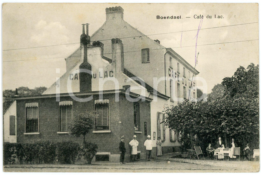 1910 ca BONDAEL (BELGIQUE) Café du Lac - Carte postale ANIMEE  Cartolina postale d'epoca, non viaggiata.Pubblicit&agrave; del caff&egrave;-ristorante al verso.CONDIZIONI: FAIR (tracce a pastello al recto)FORMATO: FP    originale e autentica 1