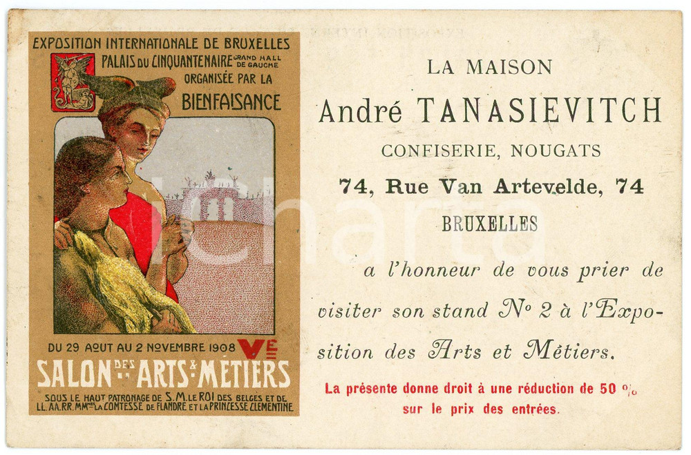 1908 EXPO BRUXELLES Salon Arts et Métiers - André TANASIEVITCH confiserie *Carte  Cartolina pubbicitaria d'epoca.CONDIZIONI: G (ma minime bruniture)FORMATO: FP    originale e autentica 1