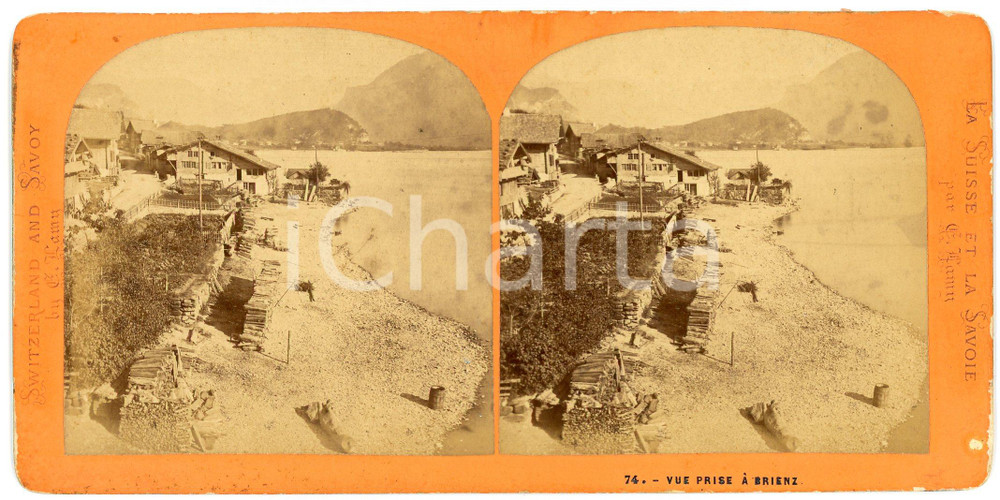 1910 ca BRIENZ (SUISSE) Une vue - Stereoview LAMY Suisse et Savoie Fotografia stereoscopica d'epoca, su cartoncino rigido.FORMATO: 18x9 cmCONDIZIONI: G  (minime abrasioni)    originale e autentica 1