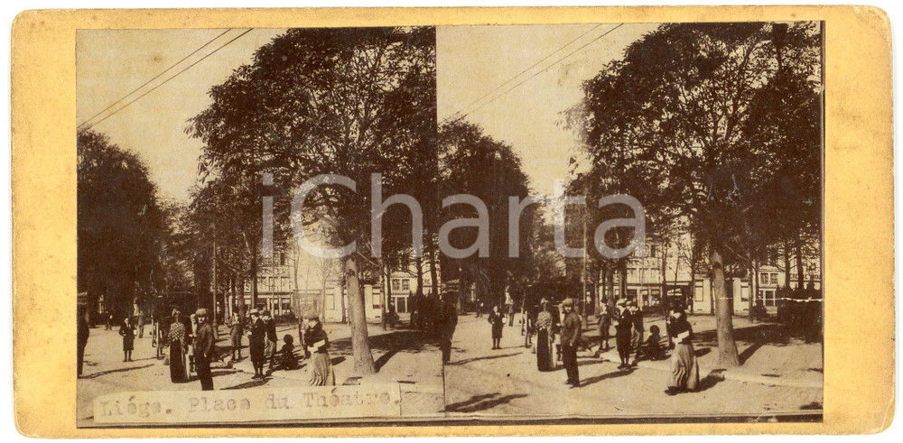 1910 ca LIEGE (BELGIQUE) Place du Théâtre - Old ANIMATED Stereoview Fotografia stereoscopica d'epoca, su cartoncino rigido.FORMATO: 18x9 cmCONDIZIONI: G    originale e autentica 1