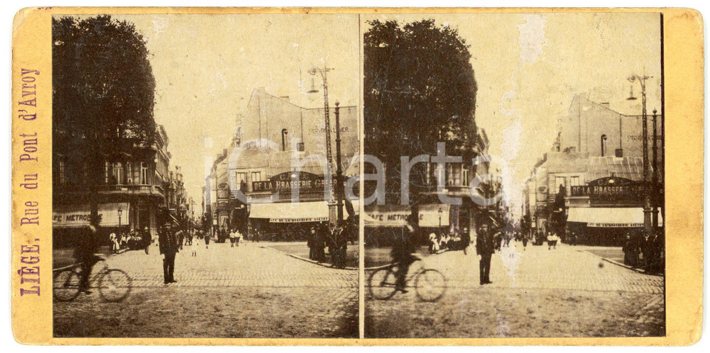 1910 ca LIEGE (BELGIQUE) Rue du Pont d'Avroy - DAMAGED ANIMATED Stereoview Fotografia stereoscopica d'epoca, su cartoncino rigido.FORMATO: 18x9 cmCONDIZIONI: VERY POOR (macchie superficiali)    originale e autentica 1