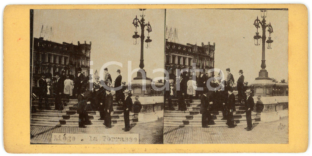 1910 ca LIEGE (BELGIQUE) La Terrasse - Old ANIMATED Stereoview Fotografia stereoscopica d'epoca, su cartoncino rigido.FORMATO: 18x9 cmCONDIZIONI: G    originale e autentica 1
