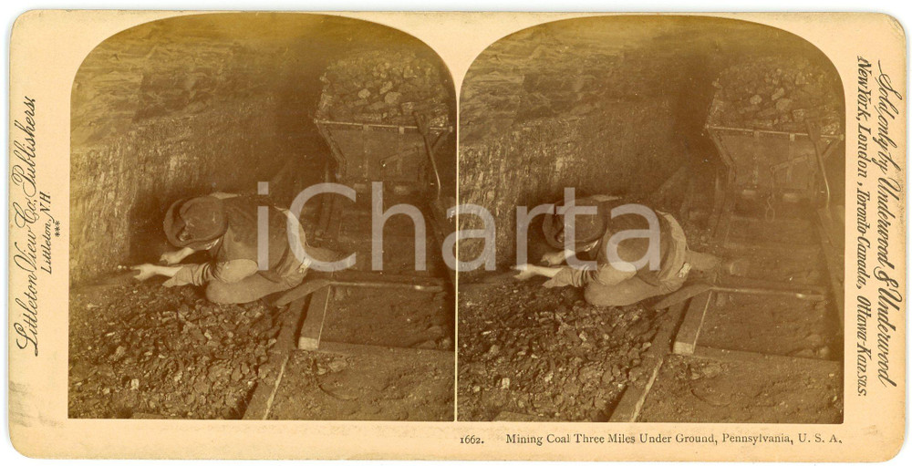 1900 ca  PENNSYLVANIA / USA Mining Coal Three Miles Under Ground - Stereoview Fotografia stereoscopica d'epoca, su cartoncino rigido.EDITORE: Littleton, N. H.FORMATO: 18x9 cmCONDIZIONI: G (lieve smussatura angolare)    originale e autentica 1