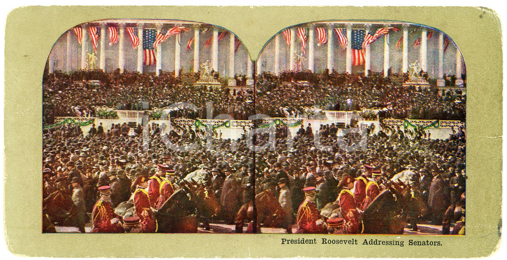 1905 USA President Theodore ROOSEVELT addressing Senators - Coloured Stereoview Fotografia stereoscopica d'epoca, su cartoncino.FORMATO: 18x9 cmCONDIZIONI: G (lievi abrasioni marginali)    originale e autentica 1