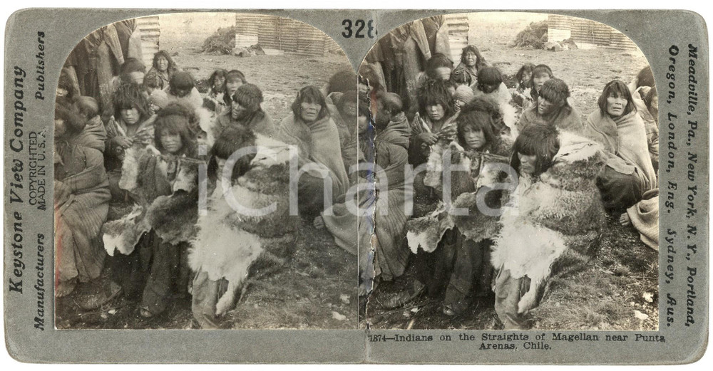 1910 PUNTA ARENAS (CHILE) Indians on the Straight of Magellan DAMAGED Stereoview Fotografia stereoscopica d'epoca, su cartoncino rigido.EDITORE: Meadville, Pa.  - Keystone View CompanyFORMATO: 18x9 cmCONDIZIONI: VP (profonda piegatura centrale, con parziale strappo della pellicola)    originale e autentica 1