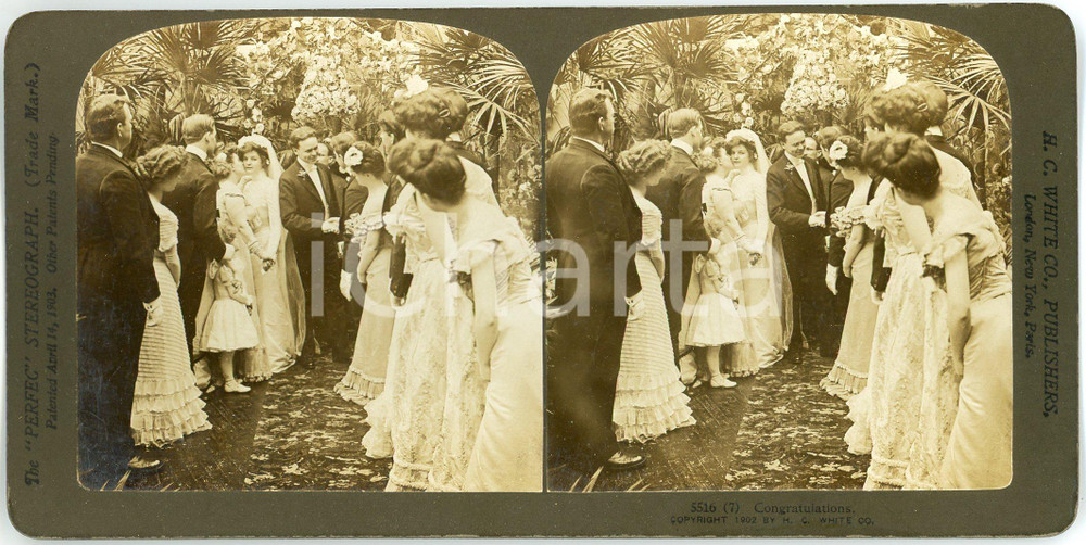 1902 USA A wedding - Congratulations - Stereoview H. C. WHITE n° 5516 (7) Fotografia stereoscopica d'epoca, su cartoncino rigido.EDITORE: H. C. White, USA FORMATO: 18x9 cmCONDIZIONI: G     originale e autentica 1