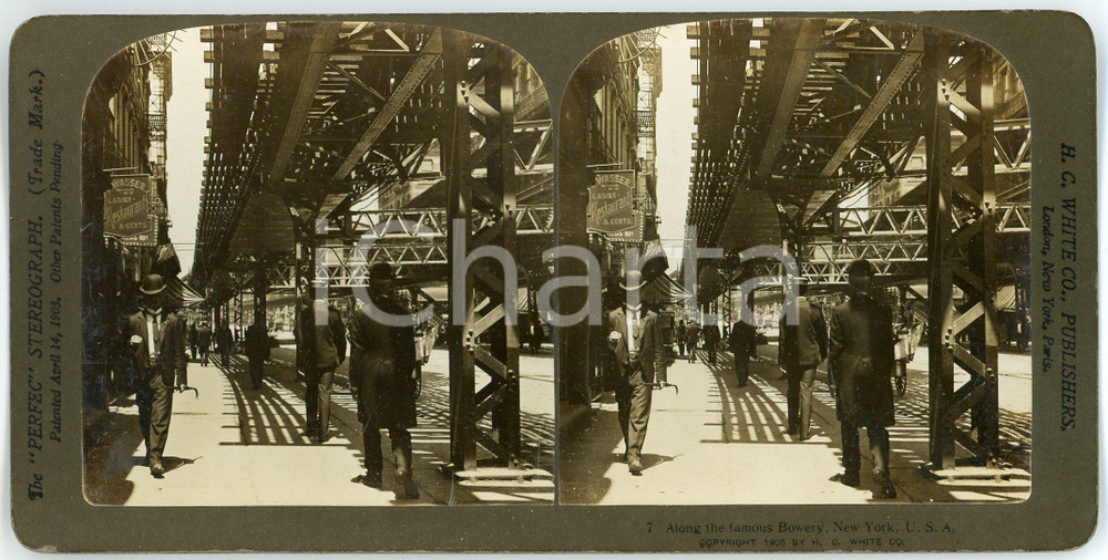 1905 NEW YORK (USA) Along the famous Bowery - ANIMATED Stereoview WHITE n° 7 Fotografia stereoscopica d'epoca, su cartoncino rigido.EDITORE: H. C. White, USA FORMATO: 18x9 cmCONDIZIONI: G     originale e autentica 1