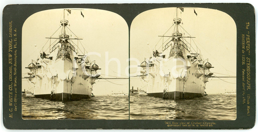 1901 USA Bow view of Cruiser OLYMPIA - Stereoview H. C. WHITE 7405 Fotografia stereoscopica d'epoca, su cartoncino rigido.EDITORE: H. C. White, USA FORMATO: 18x9 cmCONDIZIONI: G     originale e autentica 1