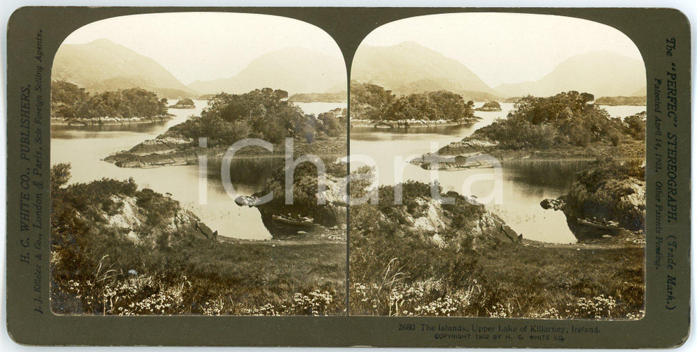 1902 Lake of KILLARNEY (IRELAND) The Islands - Stereoview WHITE 2680 Fotografia stereoscopica d'epoca, su cartoncino rigido.EDITORE: H. C. White, USA FORMATO: 18x9 cmCONDIZIONI: G     originale e autentica 1