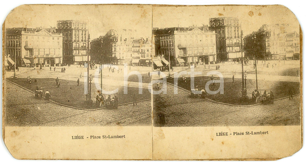1900 ca LIEGE (BELGIQUE) Place St-Lamberte - ANIMATED Stereoview Fotografia stereoscopica d'epoca, su cartoncino rigido.FORMATO: 18x9 cmCONDIZIONI: FAIR (angoli arrotondati; piccole macchie)    originale e autentica 1