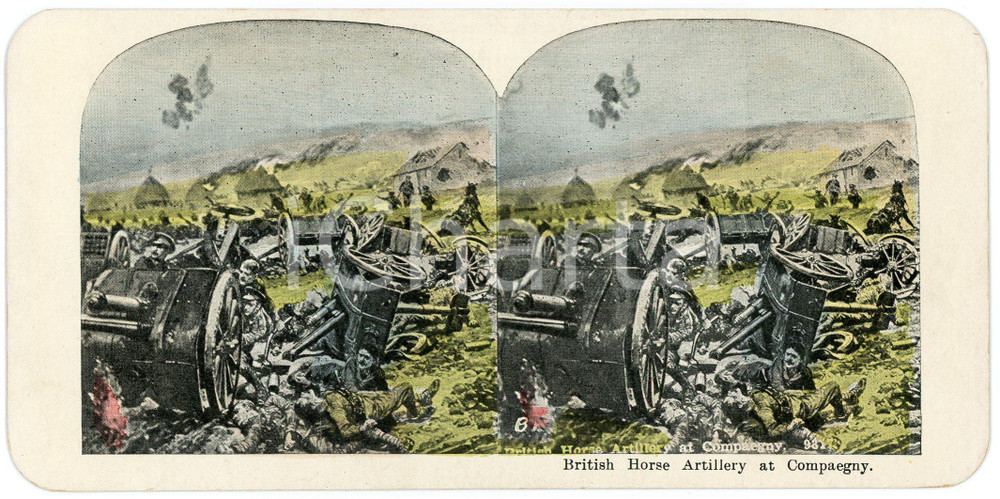1915 ca WW1 British Horse Artillery at Compaegny  - Vintage Stereoview Fotografia stereoscopica d'epoca, su cartoncino.FORMATO: 18x9 cmCONDIZIONI: G    originale e autentica 1