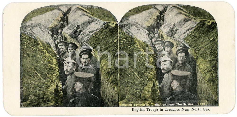 1915 ca WW1 English Troops in Trenches near North Sea  - Vintage Stereoview Fotografia stereoscopica d'epoca, su cartoncino.FORMATO: 18x9 cmCONDIZIONI: G    originale e autentica 1