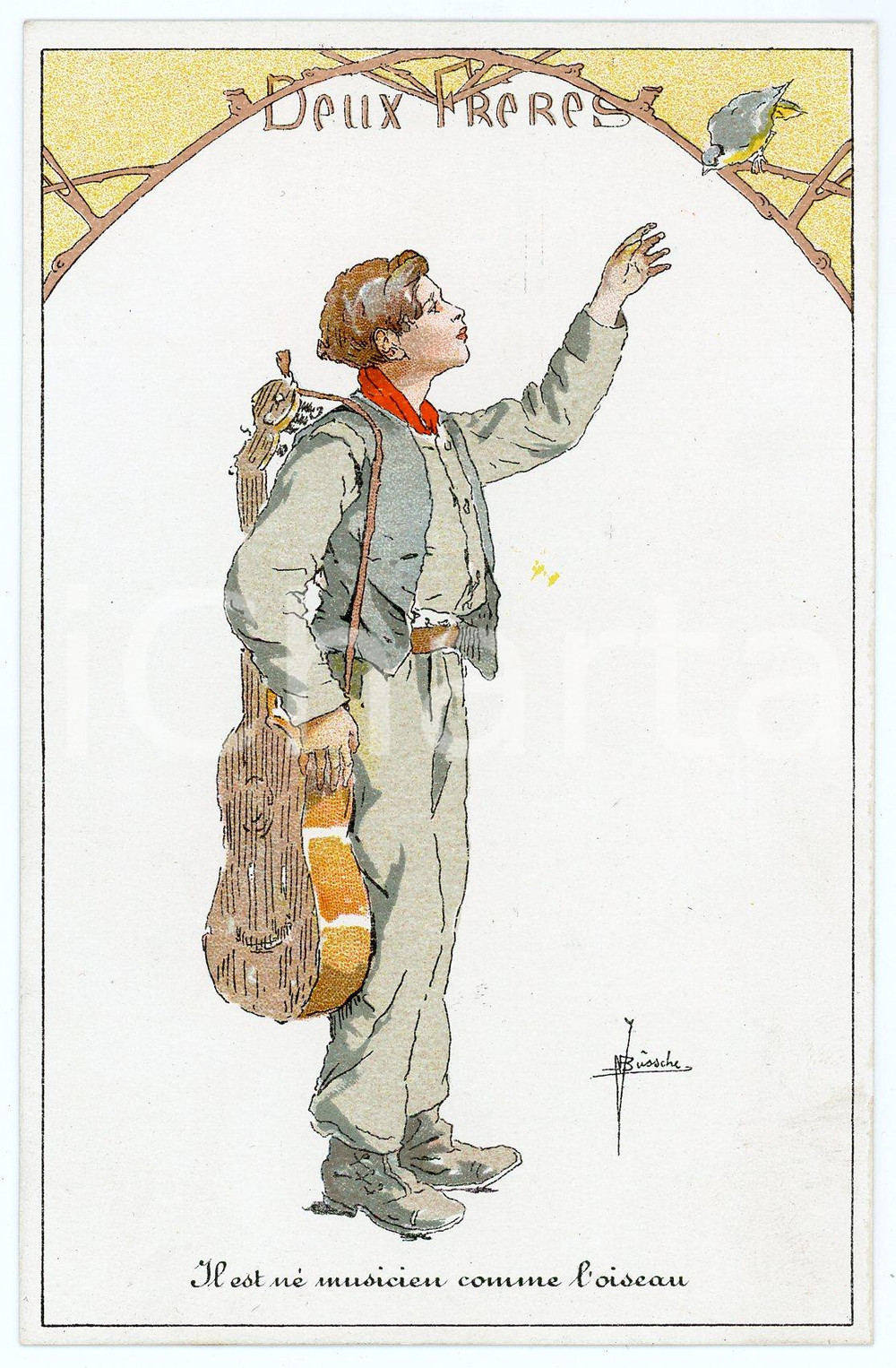1910 ca J. BUSSCHE Deux Frères - Il est né musicien comme l'oiseau *Postcard  Cartolina postale d'epoca, non viaggiata. GOOD/buono  Formato: FP originale e autentica 1
