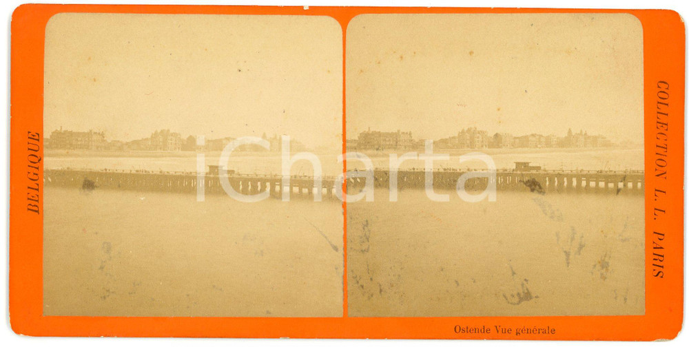 1905 ca OSTENDE (BELGIQUE) Vue générale - Vintage Stereoview Fotografia stereoscopica d'epoca, su cartoncino.Bollino al verso "Imprimerie / papeterie Jules Daveluy"FORMATO: 18x9 cmCONDIZIONI: G (ma piccole macchie)    originale e autentica 1