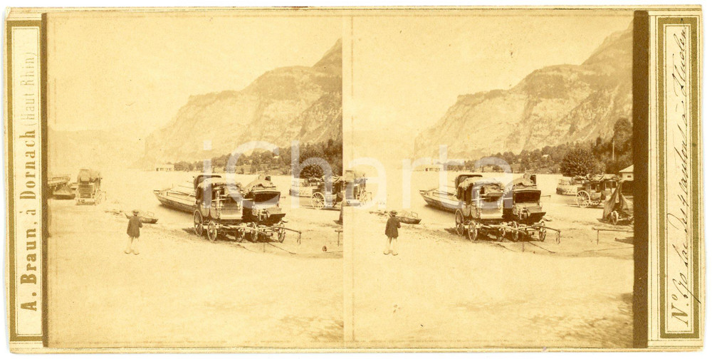1900 ca FLUELEN (Lac des 4 Cantons, Suisse) Carriages -  ANIMATED Stereoview Fotografia stereoscopica d'epoca, su cartoncino.FORMATO: 18x9 cmCONDIZIONI: GFOTOGRAFO: A. Braun - Dornach    originale e autentica 1