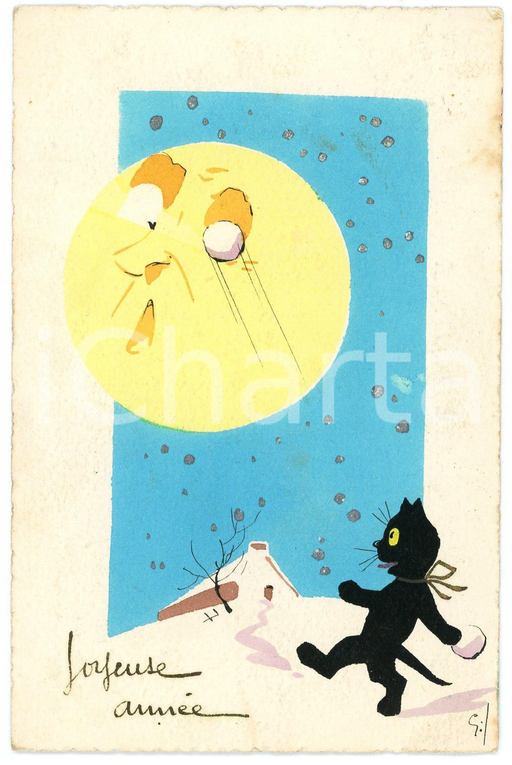 1927 BONNE ANNEE Black cat pulling snowballs to the moon  - Old postcard  Cartolina postale d'epoca, viaggiata.CONDIZIONI: GFORMATO: FP    originale e autentica 1