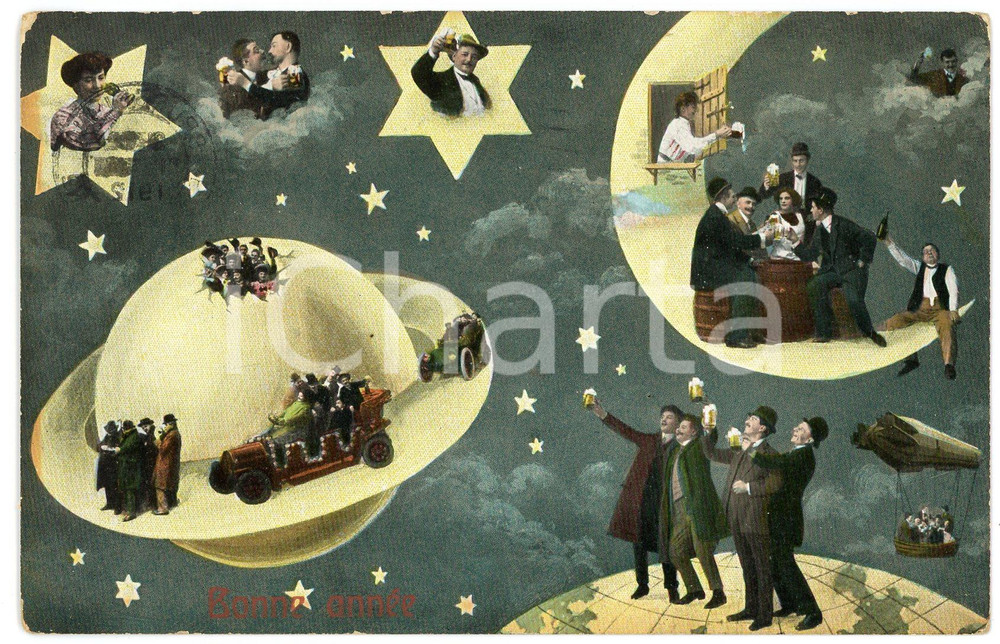 1912 BONNE ANNEE Drunk men drinking beer on stars space - Humour - Postcard  Cartolina postale d'epoca, viaggiata.CONDIZIONI: F (lieve piegatura all'angolo superiore destro; leggera abrasione all'angolo superiore sinistro e ai lati)FORMATO: FP    originale e autentica 1