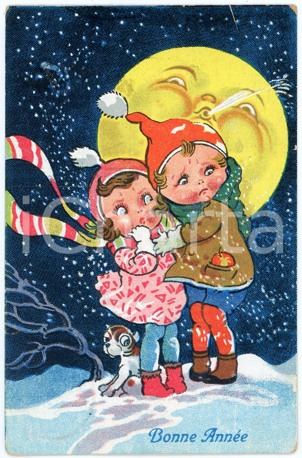 1934 BONNE ANNEE MOON blowing on children and dog - Snow - Vintage postcard  Cartolina postale d'epoca, viaggiata.CONDIZIONI: F (piccola piegatura all'angolo inferiore destro; minime abrasioni angolari)FORMATO: FP    originale e autentica 1