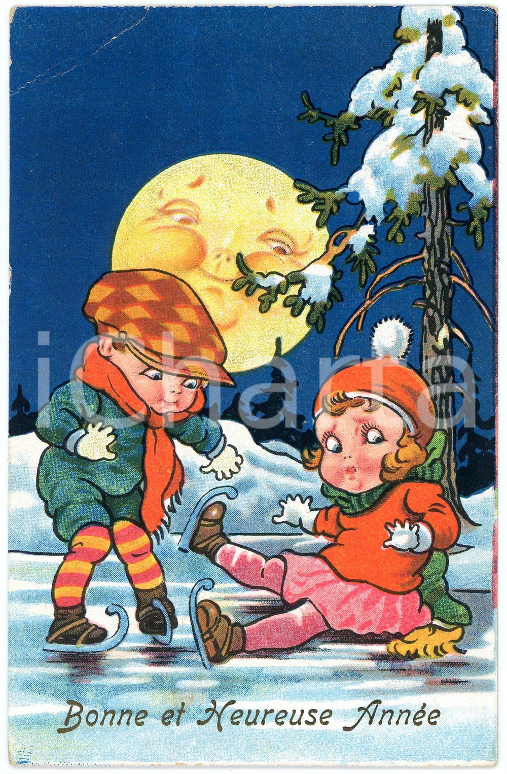 1933 BONNE ANNEE MOON looking to ice skating children - Vintage postcard  Cartolina postale d'epoca, viaggiata.CONDIZIONI: POOR (ampia piegatura all'angolo superiore sinistro)FORMATO: FP    originale e autentica 1