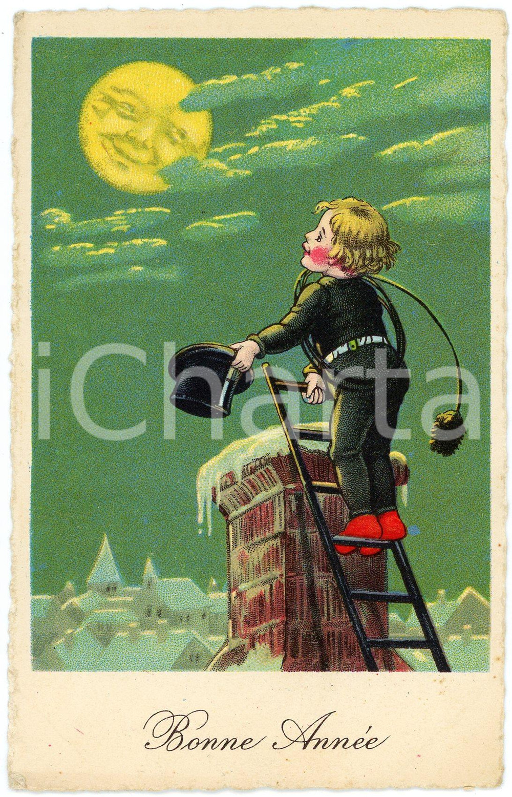 1920 ca BONNE ANNEE Chimney sweep child looking to moon - Vintage postcard  Cartolina postale d'epoca, scritta ma non viaggiata.CONDIZIONI: FAIR (piegatura al lato inferiore)FORMATO: FP    originale e autentica 1