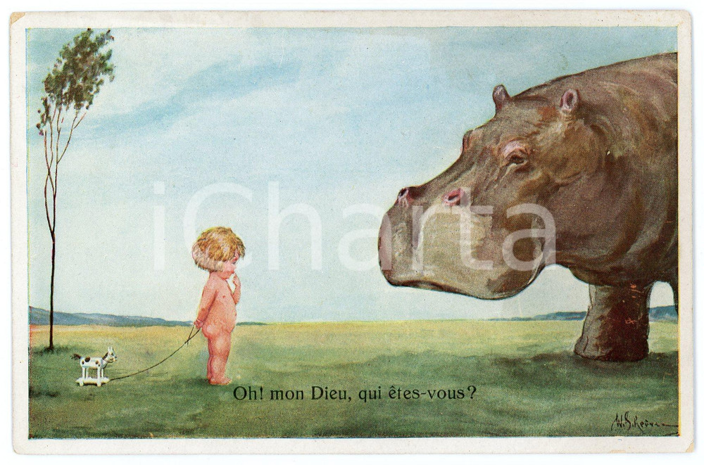 1910 ca HUMOUR "Oh! mon Dieu, qui êtes-vous?" - Hippo looking to a child - FP  Cartolina postale d'epoca, scritta ma non viaggiata.CONDIZIONI: G (minime abrasioni angolari al recto)FORMATO: FP    originale e autentica 1