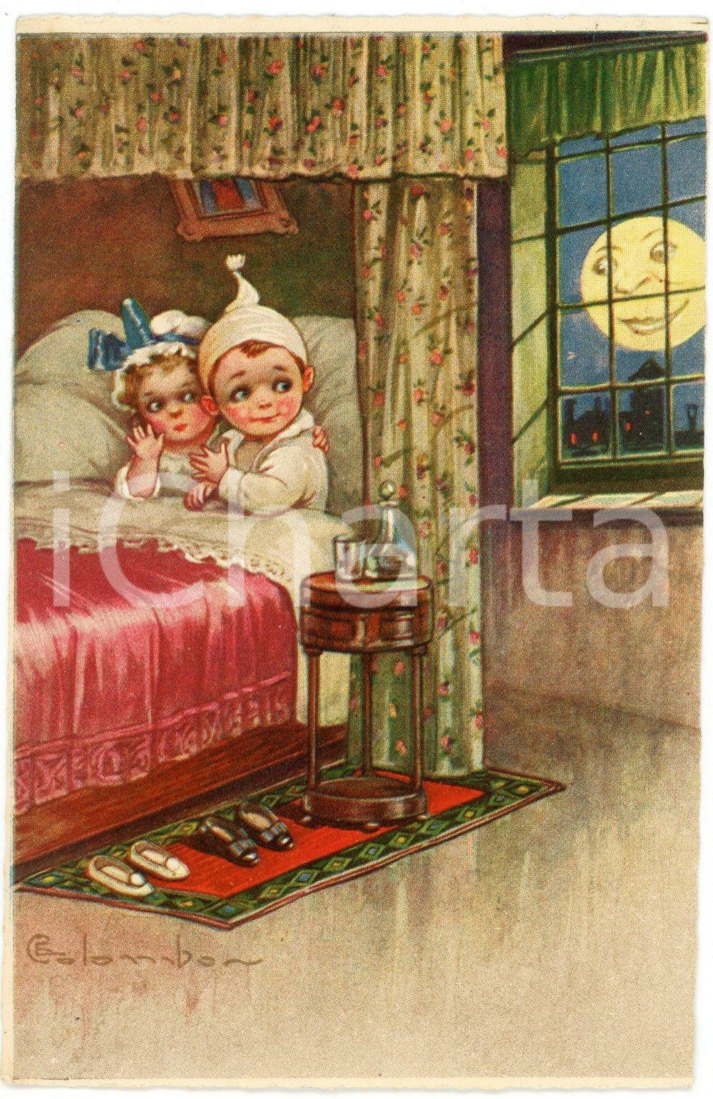 1920 ca Bambini con luna alla finestra - ill. Emilio COLOMBO - Cartolina vintage  Cartolina postale d'epoca, non viaggiata.CONDIZIONI: GFORMATO: FP    originale e autentica 1