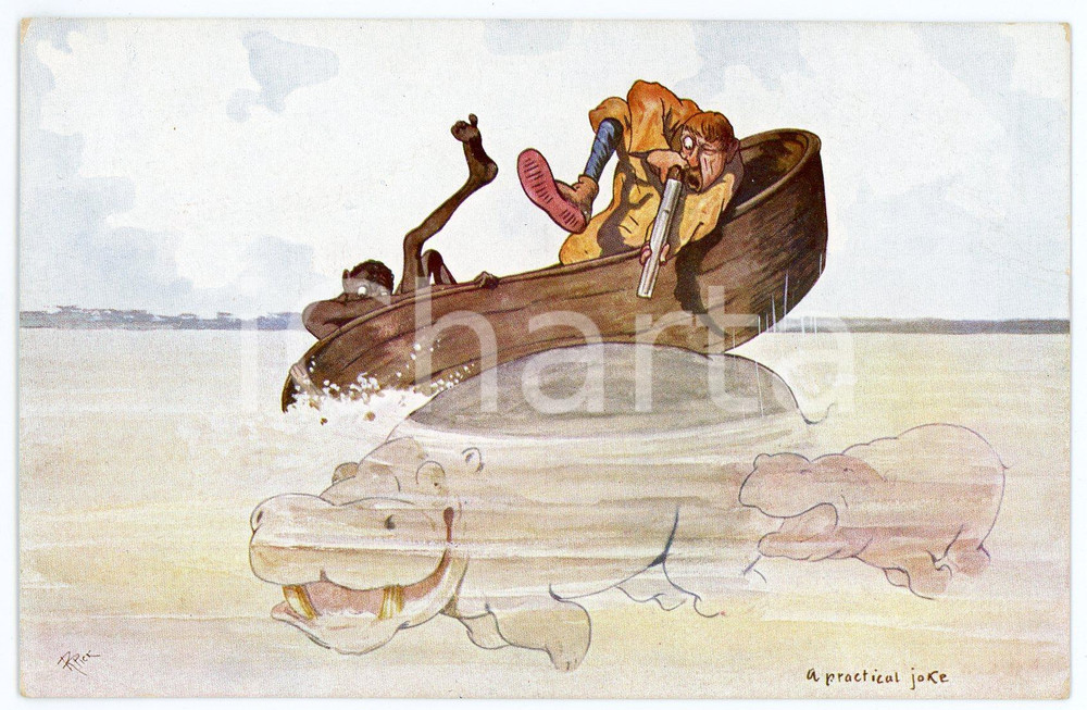 1910 ca HUMOUR A practical joke - Hunter shooting hippos - Vintage postcard  Cartolina postale d'epoca, non viaggiata.CONDIZIONI: F (leggera piegatura al lato destro; minime abrasioni angolari)FORMATO: FP    originale e autentica 1