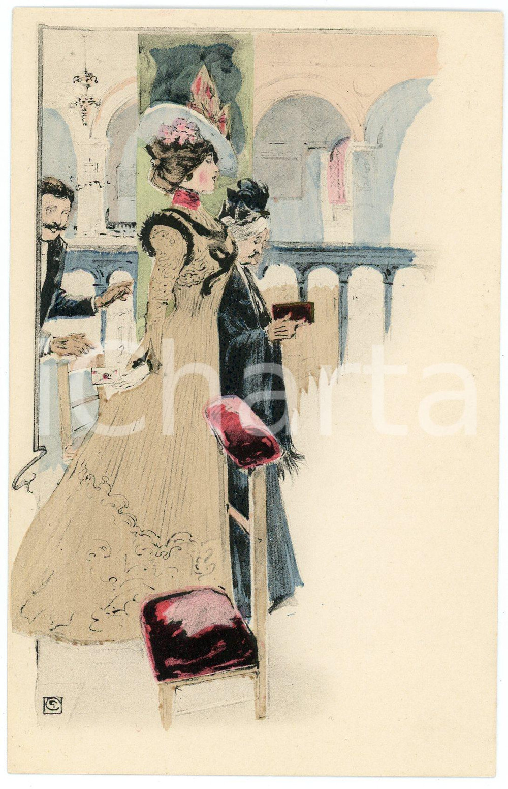 1900 ca FRANCE Artist Georges CONRAD - Amoureux à l'église *ILLUSTRATED postcard Cartolina postale d'epoca, illustrata, non viaggiata.CONDIZIONI: GFORMATO: FP    originale e autentica 1