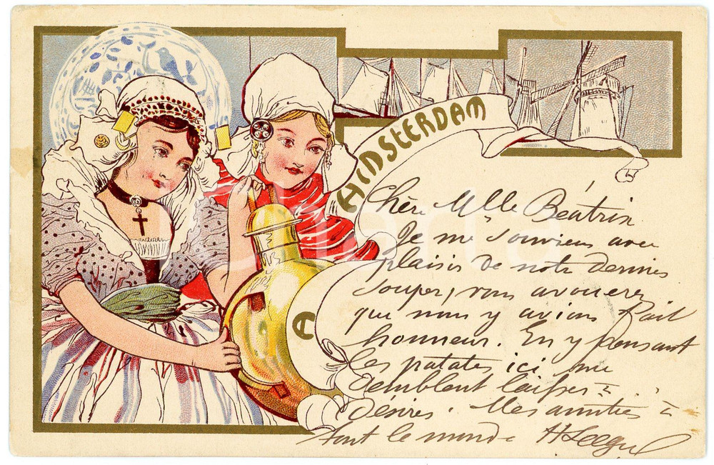 1899 ART NOUVEAU Artiste Fernand TOUSSAINT Série Villes - AMSTERDAM Postcard  Cartolina postale d'epoca, illustrata, viaggiata.CONDIZIONI: GFORMATO: FP    originale e autentica 1