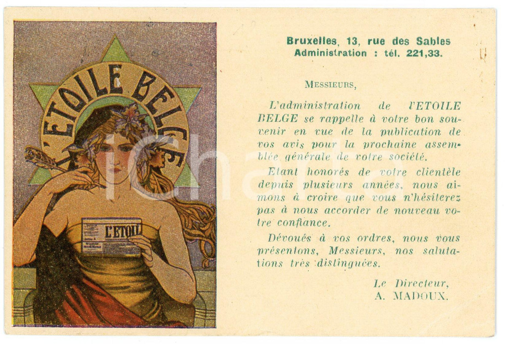 1910 ca ART NOUVEAU BRUXELLES - L'ETOILE BELGE Carte postale pubblicitaire  Cartolina postale d'epoca, illustrata, viaggiata nel 1929.CONDIZIONI: FAIR (piegatura angolare)FORMATO: FP    originale e autentica 1