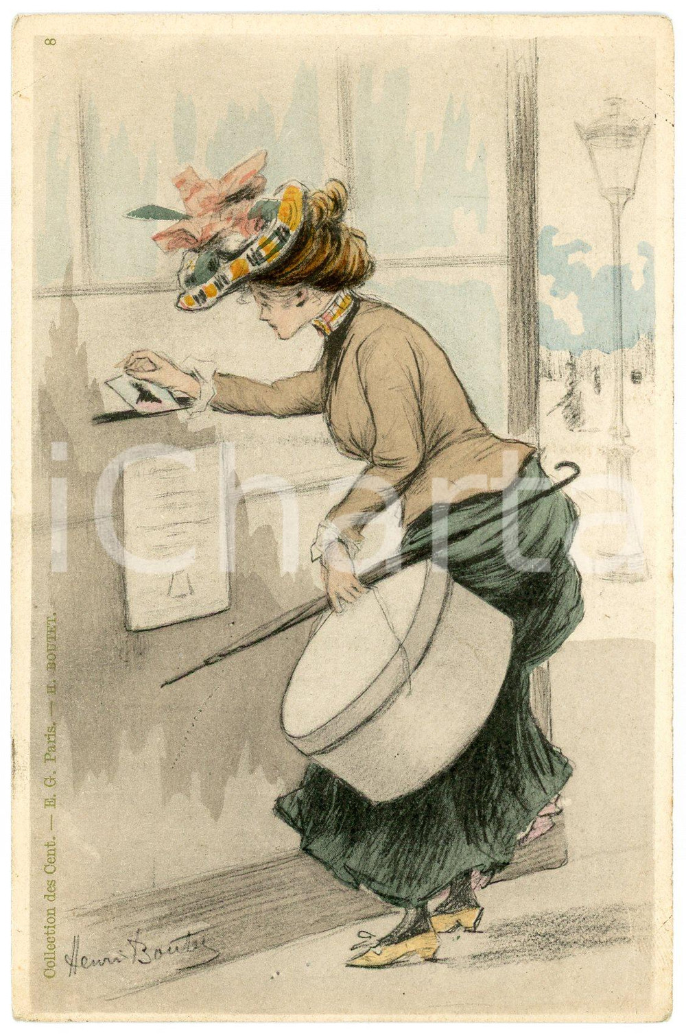 1900 FRANCE COSTUMES Femme avec boîte à chapeau Ill. Henri BOUTET Carte postale  Cartolina d'epoca, non viaggiata. FAIR/discreto Lievi smussature agli angoli Formato: FP originale e autentica 1
