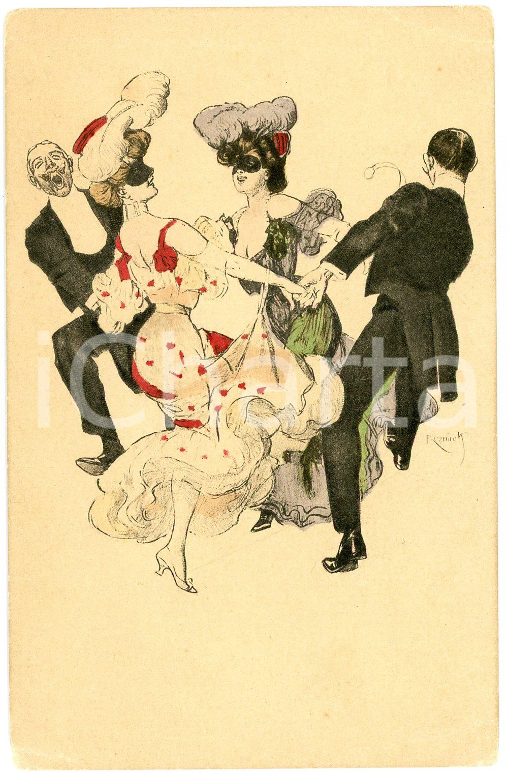 1910 ca Artist Ferdinand von REZNICHEK Carnival dance - SIMPLICISSIMUS postcard  Cartolina postale d'epoca, illustrata, non viaggiata.CONDIZIONI: FAIR (lievi piegature angolari)FORMATO: FP    originale e autentica 1