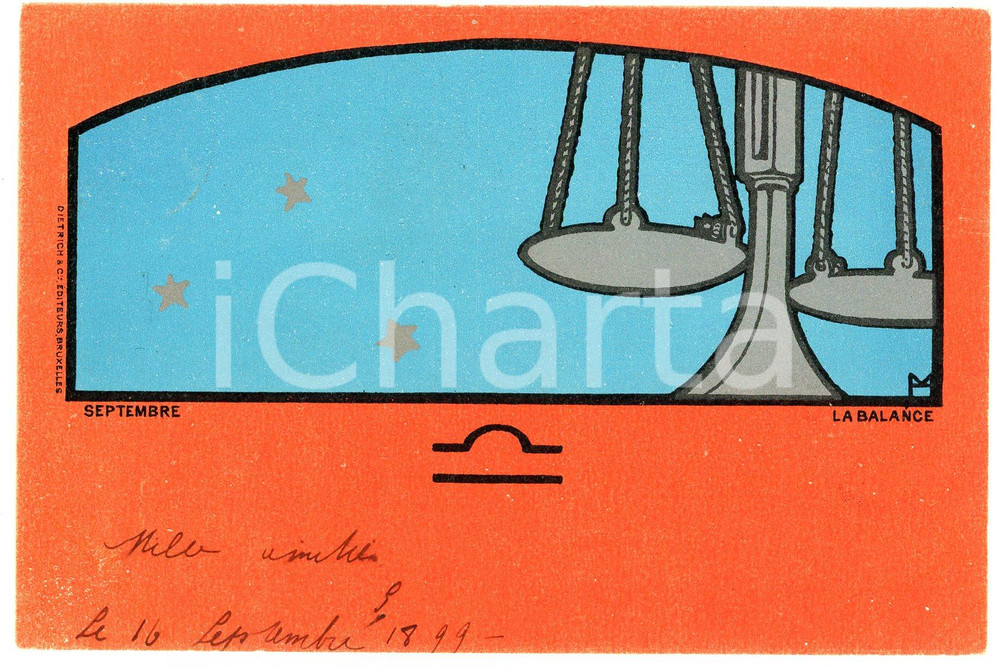 1899 Artiste Henri MEUNIER Série "Le signes du Zodiaque" - Balance - Postcard  Cartolina postale d'epoca, illustrata, viaggiata.CONDIZIONI: GFORMATO: FP    originale e autentica 1