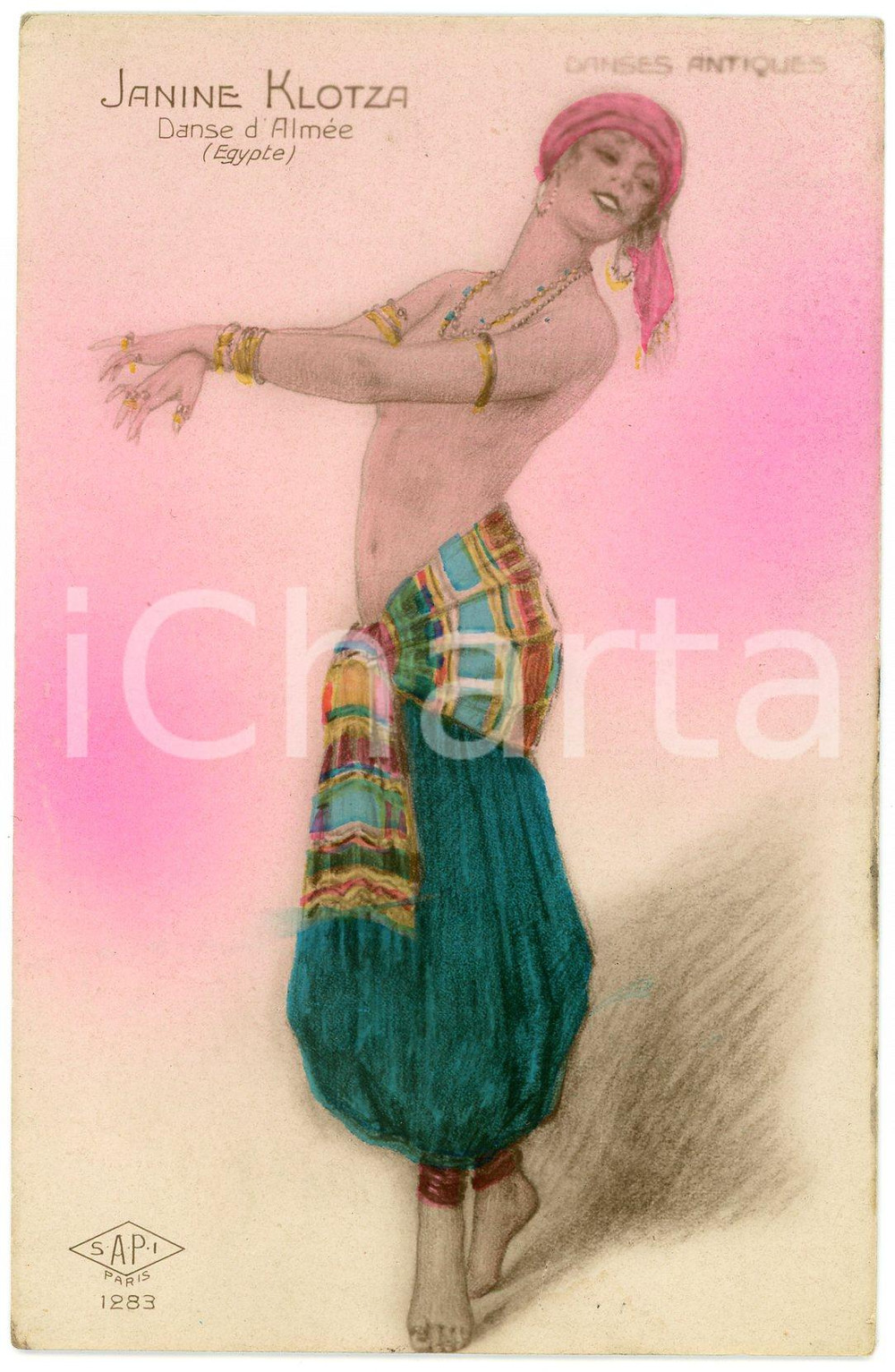 1910 ca VINTAGE EROTIC Janine Klotza - Danse d'Almée (Egypte) *Postcard topless  Cartolina postale d'epoca, non viaggiata.CONDIZIONI: G (minime smussature angolari)FORMATO: FPEDITORE: SAPI Paris - n&deg; 1283    originale e autentica 1