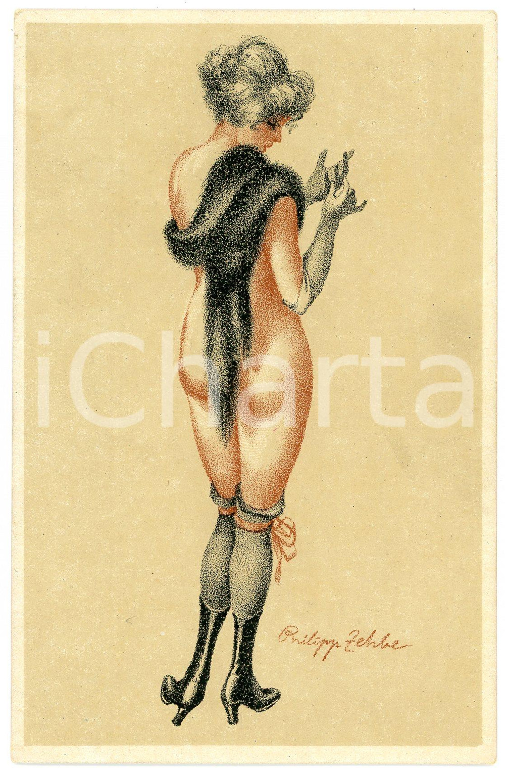1910 ca VINTAGE EROTIC Artist Philipp ZEHBE - Nude woman with fur stole POSTCARD  Cartolina postale d'epoca, non viaggiata.CONDIZIONI: FAIR (alcune abrasioni al verso)FORMATO: FP    originale e autentica 1