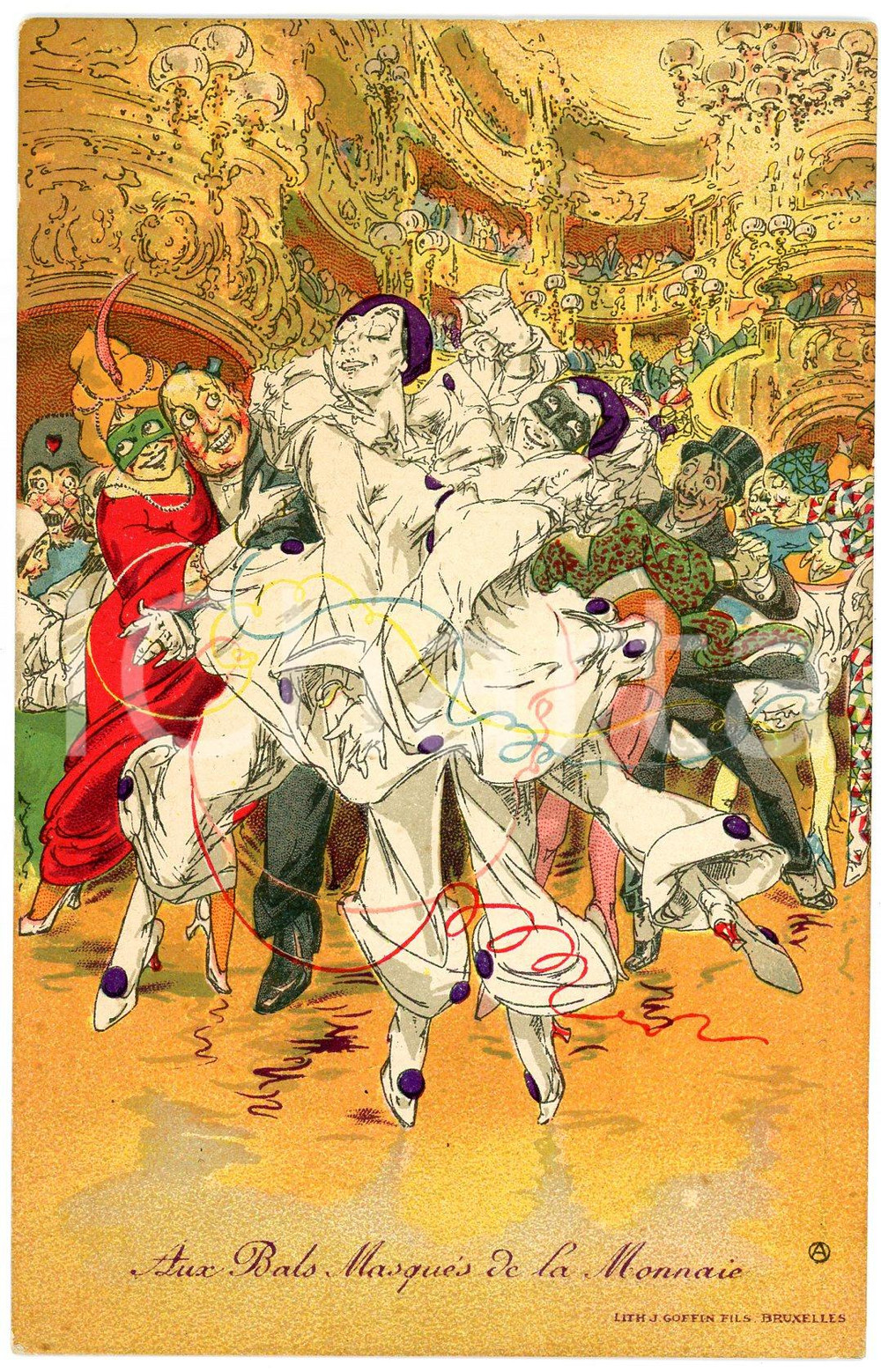 1910 ca BRUXELLES Artiste Alfred OST Aux bals masqués de la Monnaie (5) Postcard  Cartolina postale d'epoca, non viaggiata.Pubblicit&agrave; al verso "Maison Italienne".CONDIZIONI: G (lievi fioriture al verso)FORMATO: FP    originale e autentica 1