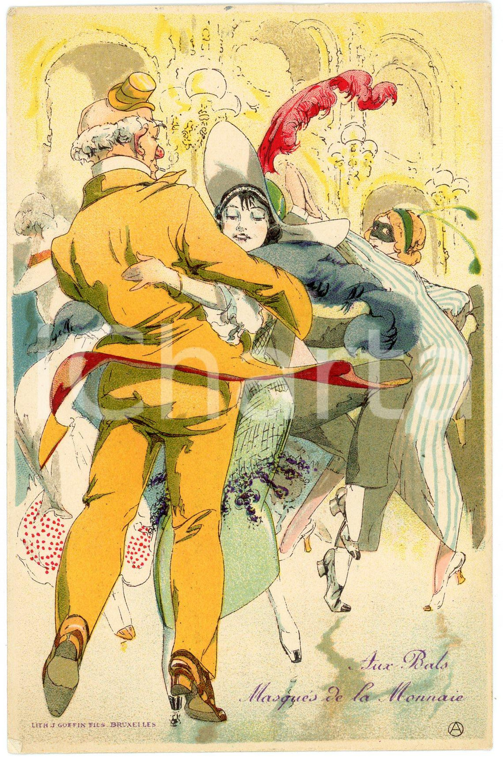 1910 ca BRUXELLES Artiste Alfred OST Aux bals masqués de la Monnaie (4) Postcard  Cartolina postale d'epoca, non viaggiata.Pubblicit&agrave; al verso Vaxelaire-Claes e francobollo datato "Bruxelles 1926".CONDIZIONI: GFORMATO: FP    originale e autentica 1