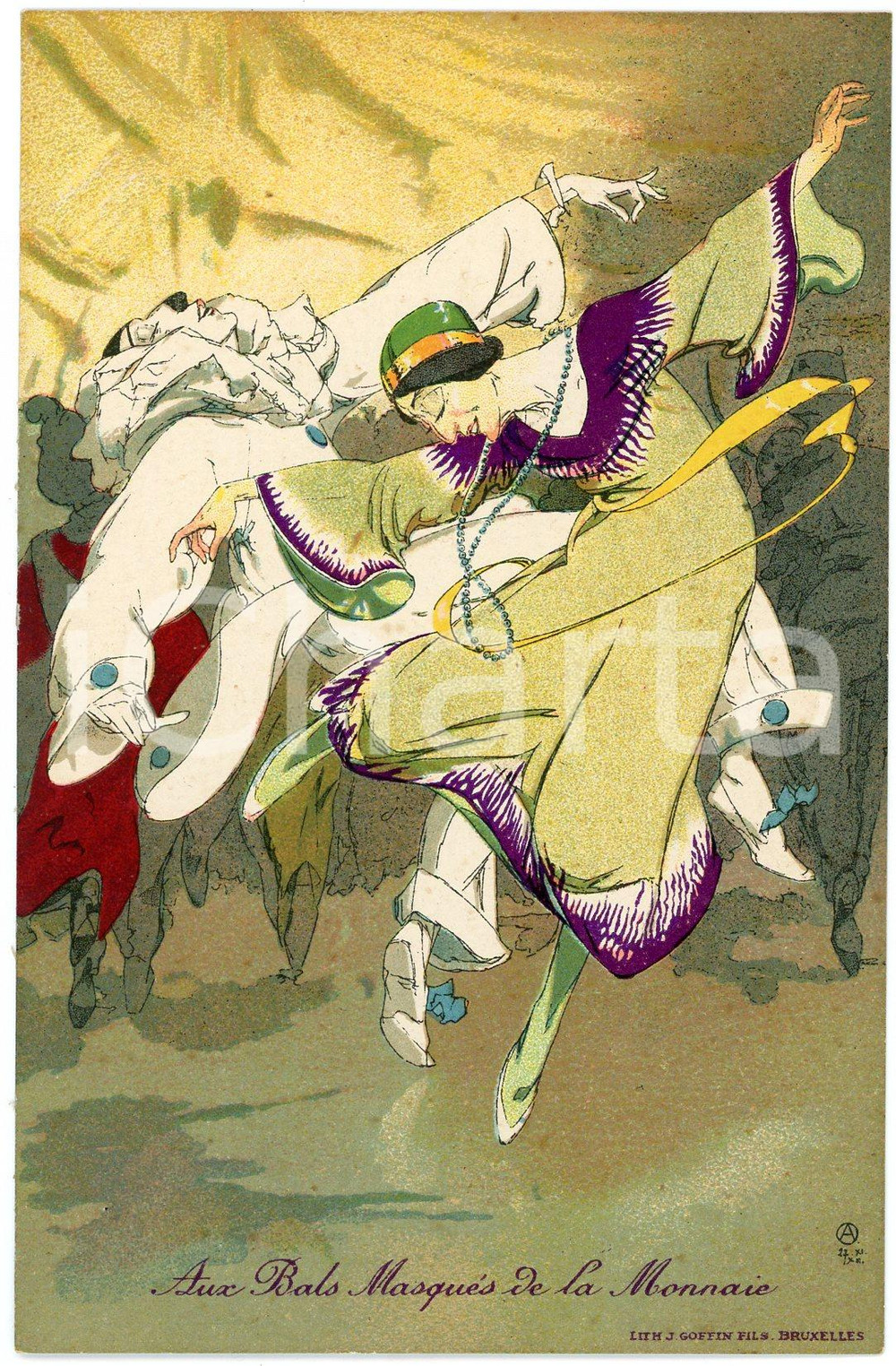 Cartolina originale da collezione 1910 ca BRUXELLES Artiste Alfred OST Aux bals masquÃ©s de la Monnaie 1 Postcard 1