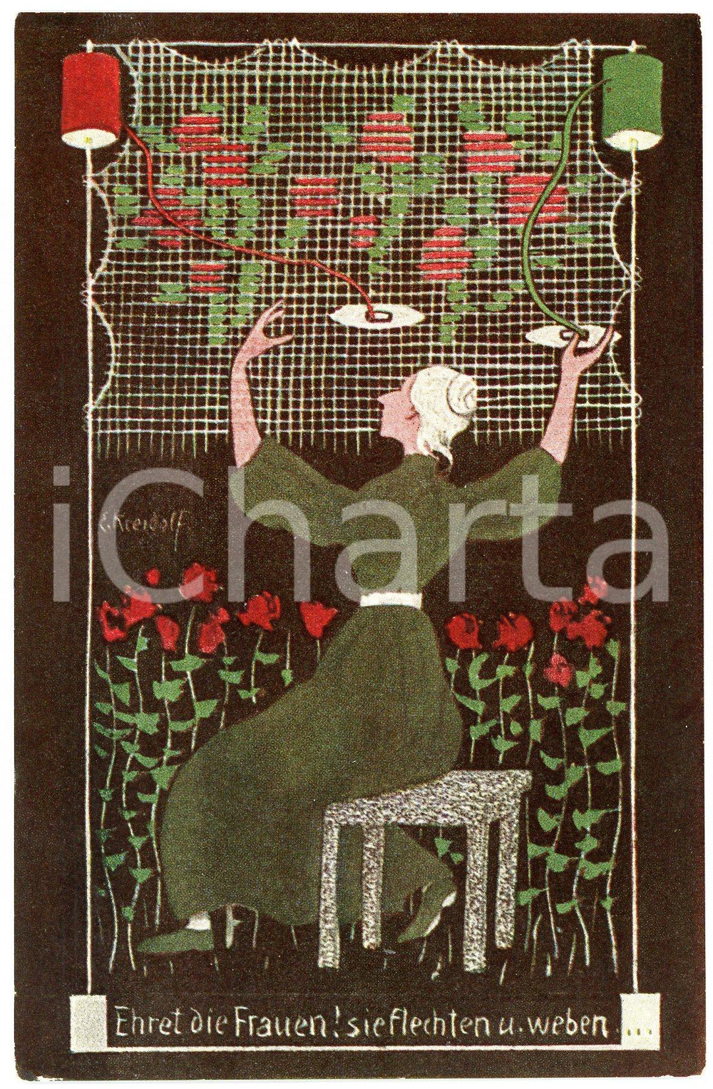 1910 ca Ernst KREIDOLF Ehret die Frauen - Sie flechten und weben *Postcard  Cartolina postale d'epoca, non viaggiata. GOOD/buono minima piegatura angolare Formato: 9x14 cm originale e autentica 1