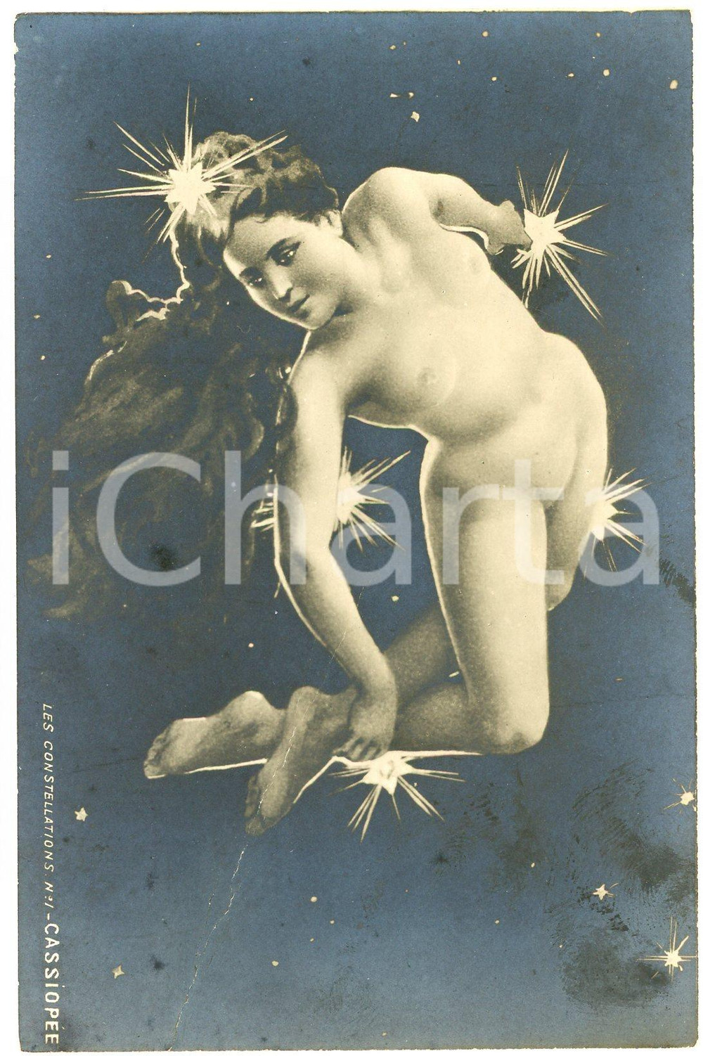 1900 ca VINTAGE EROTIC Les constellations - Cassiopée - Nude woman *Postcard n°1  Cartolina postale d'epoca, non viaggiata.CONDIZIONI: VERY POOR (profonda piegatura trasversale)FORMATO: FP    originale e autentica 1