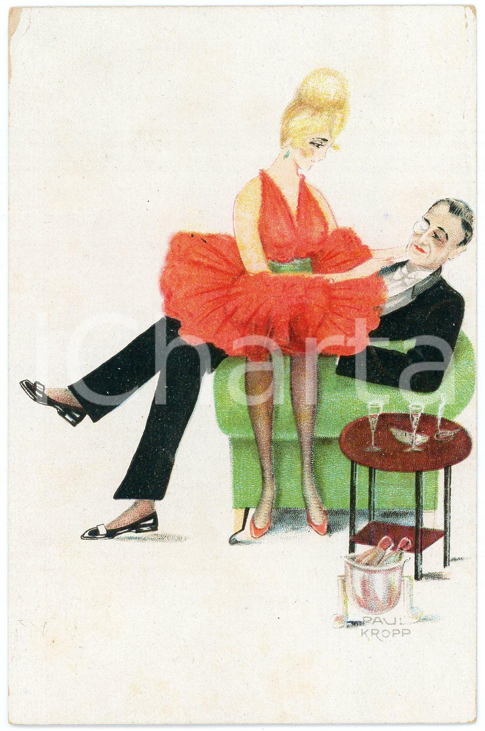 1920 ca ART DECO Artist Paul KROPP - Couple on the sofa - Postcard  Cartolina postale d'epoca, non viaggiata.CONDIZIONI: G (piccola sbrecciatura angolare)FORMATO: FP    originale e autentica 1