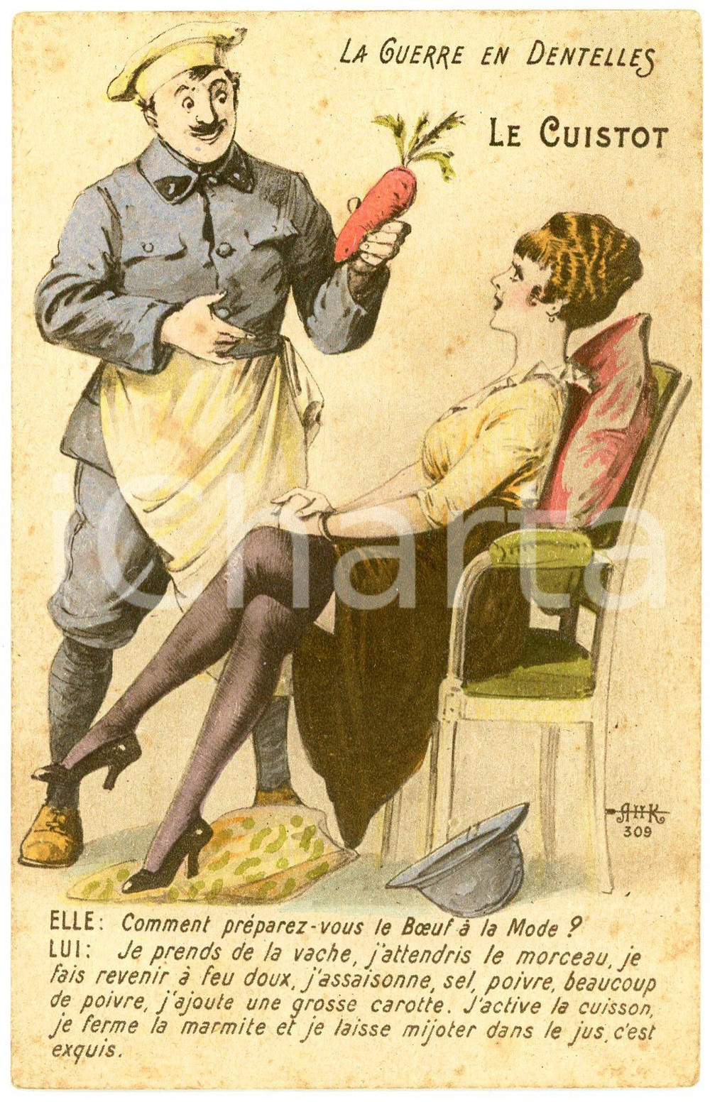 1915 ca WW1 FRANCE La guerre en dentelles - Le cuistot - Carte postale CPA  Cartolina postale d'epoca, non viaggiata.CONDIZIONI: G (lievi fioriture)FORMATO: FP    originale e autentica 1