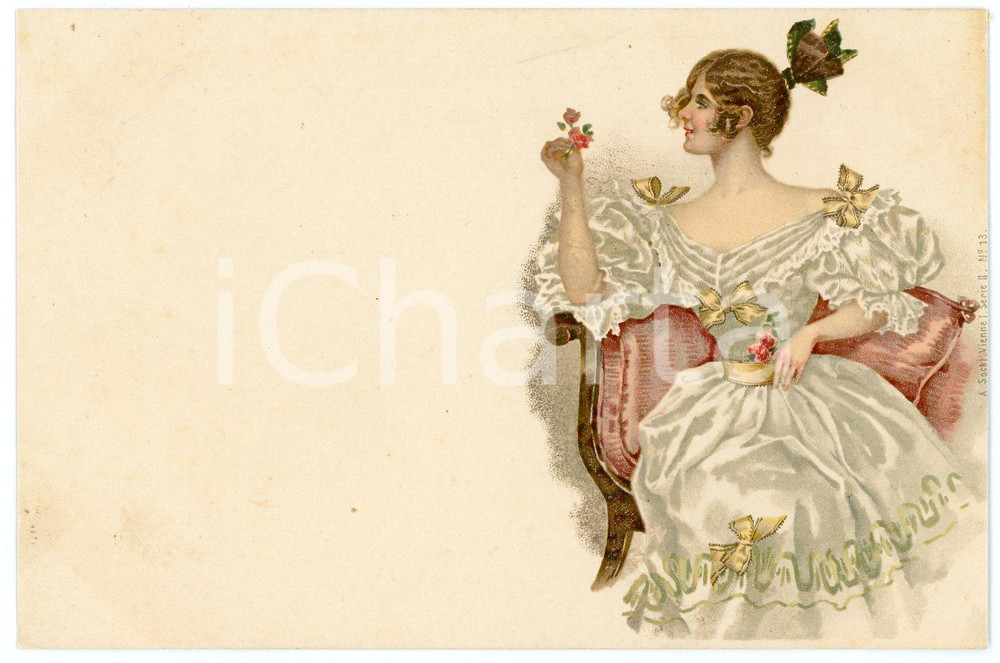 1900 ca VIENNE Lady on a chair - Postcard A. SOCKL n° 13  Cartolina postale d'epoca, non viaggiata.CONDIZIONI: GFORMATO: FPEDITORE: A. Sockl, Vienne I, Serie II, n&deg; 13    originale e autentica 1