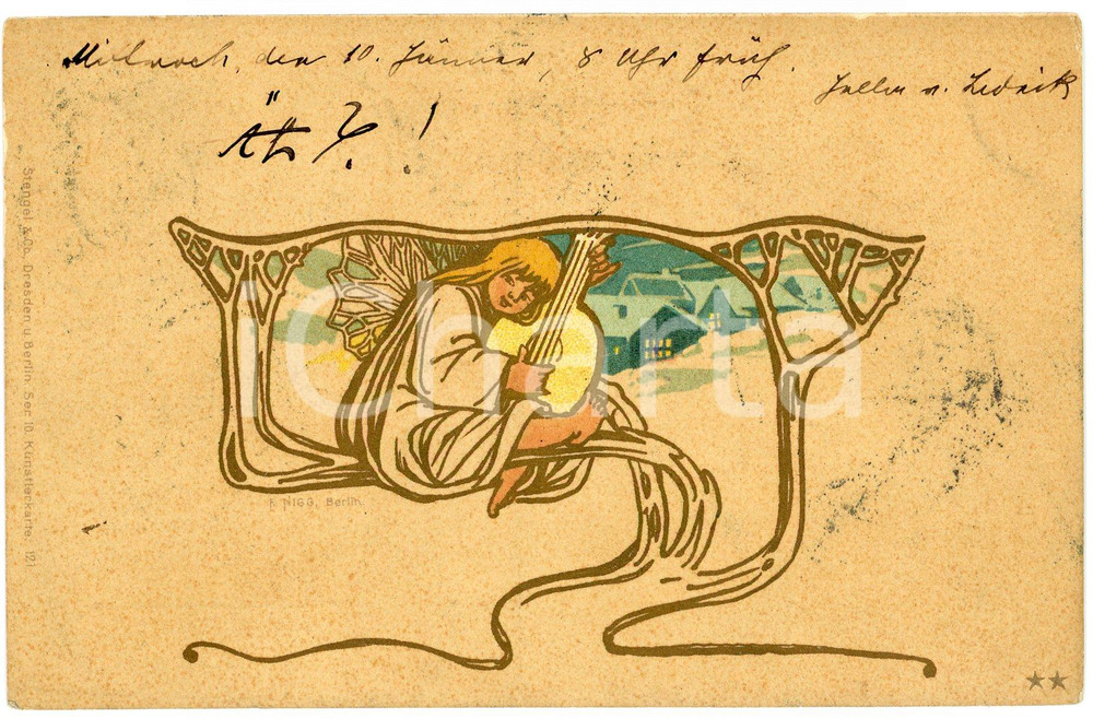 1900 ART NOUVEAU BERLIN Artist Ferdinand NIGG - Angel musician - Postcard  Cartolina postale d'epoca, viaggiata.CONDIZIONI: GFORMATO: FP    originale e autentica 1