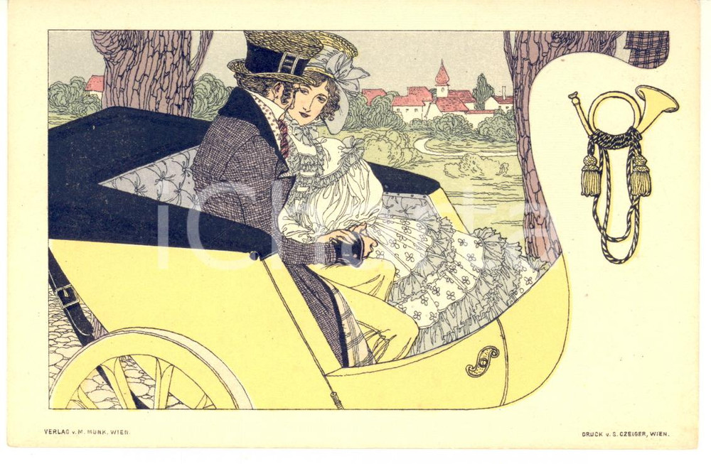 1900 ca ART NOUVEAU Couple in a car - Postcard S. CZEIGER  Cartolina postale d'epoca, non viaggiata.CONDIZIONI: GFORMATO: FP    originale e autentica 1