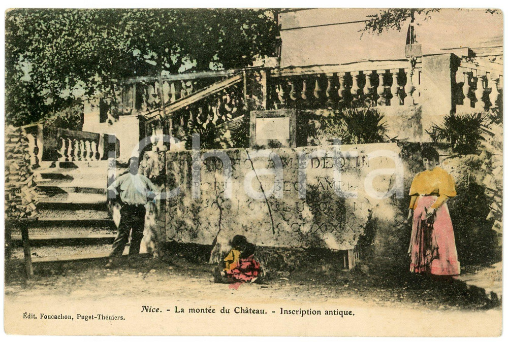 Cartolina originale da collezione 1910 ca NICE FRANCE La montÃ©e du ChÃ¢teau Inscription antique Chromo postcard 1