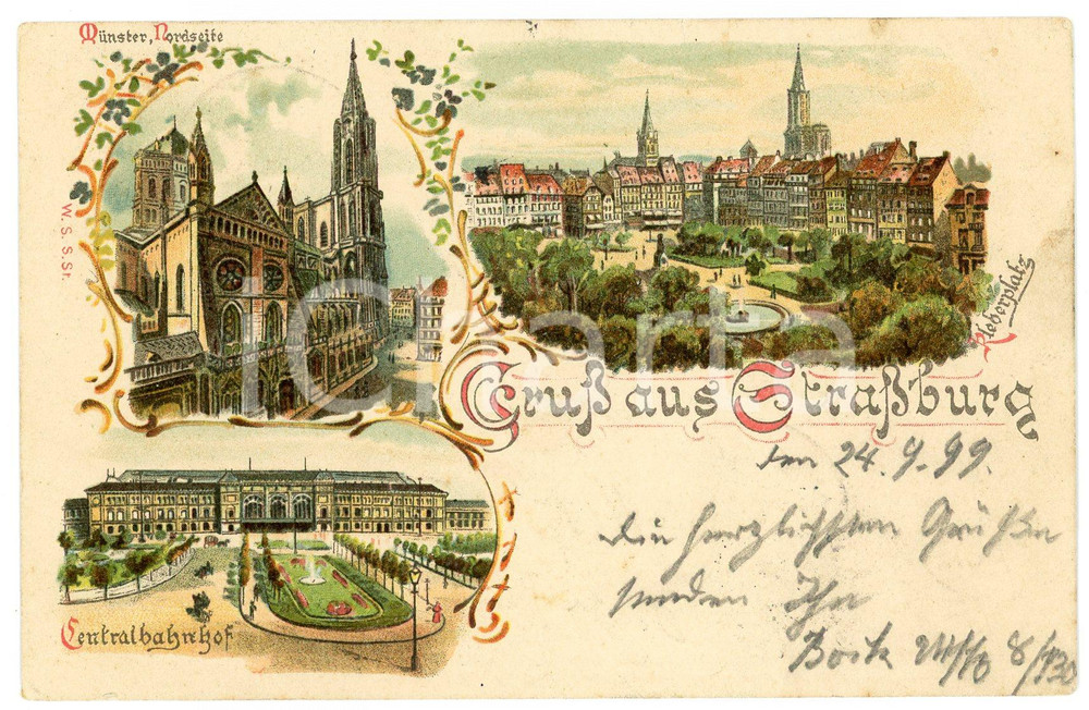 1899 STRASSBURG (F) Münster - Kléberplatz - Centralbahnof - Views *Old postcard  Cartolina postale d'epoca, viaggiata (ma francobollo asportato).CONDIZIONI: F (piccolo strappo al lato superiore)FORMATO: FP    originale e autentica 1